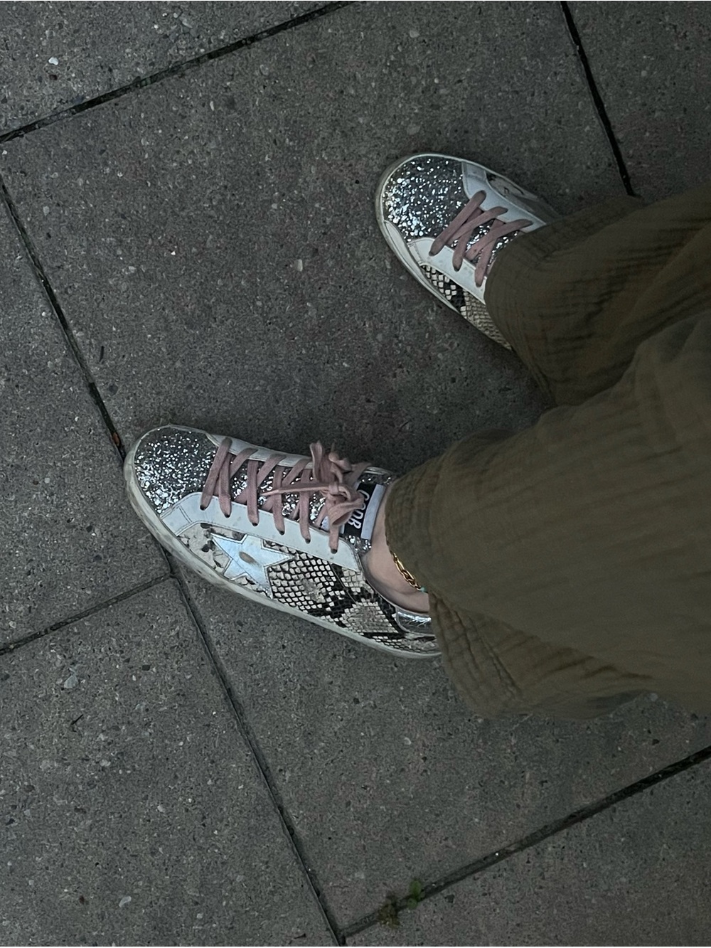 Golden Goose Silver Glitter & Snake-Print Low-Top Sneakers with Pink Laces